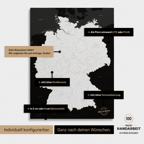 Vielfältige Konfigurationsmöglichkeiten einer Deutschland-Karte als Pinn-Leinwand in Schwarz-Weiss