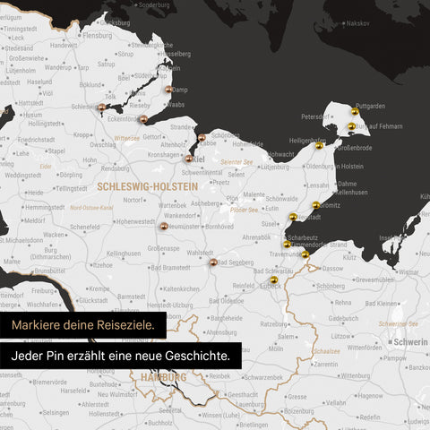 Detail einer Deutschland-Karte als Pinn-Leinand in Schwarz-Weiß mit Pins in Schleswig-Holstein