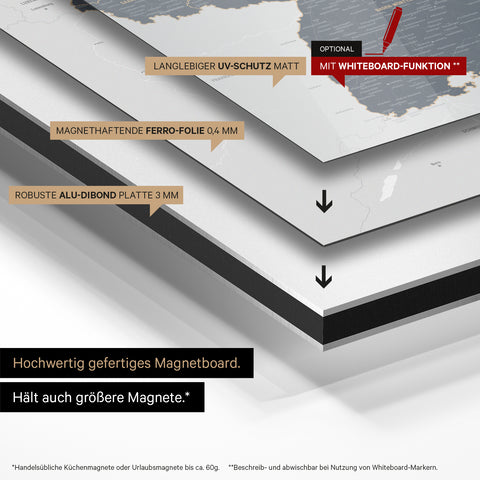 Deutschland-Karte auf magnethaftende Ferro-Folie gedruckt, auf Alu-Dibond-Tafel geklebt und mit UV-Schutz kaschiert