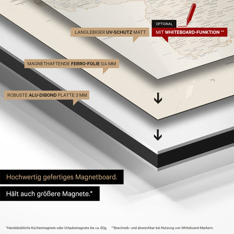 Deutschland-Karte auf magnethaftende Ferro-Folie gedruckt, auf Alu-Dibond-Tafel geklebt und mit UV-Schutz kaschiert
