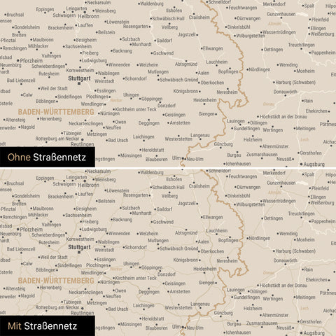 Magnetische Deutschland-Karte in Gold mit optionalem Straßennetz von Autobahnen und Landstraßen