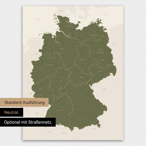Neutrale und schlichte Ausführung einer magnetischen Deutschland-Karte in Olive Green