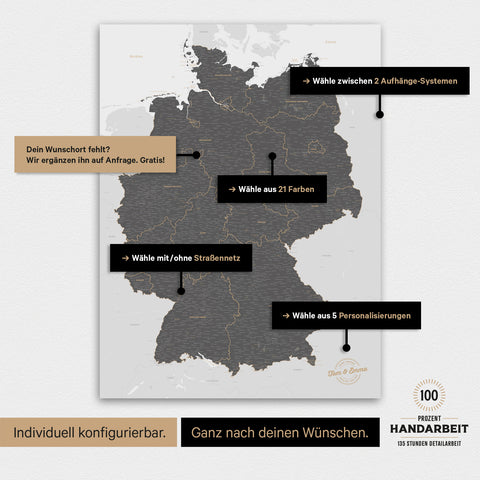 Übersicht über die vielfältigen Konfigurationsmöglichkeiten einer magnetischen Deutschland-Karte als Magnetboard in Light Gray, von der Auswahl des Aufhänge-Systems über Farben bis zum Detailgrad