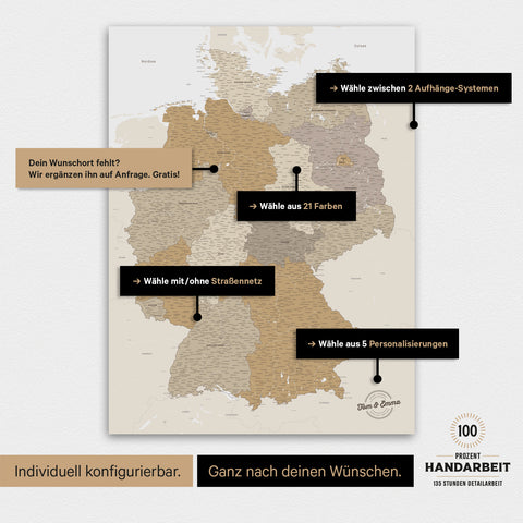 Übersicht über die vielfältigen Konfigurationsmöglichkeiten einer magnetischen Deutschland-Karte als Magnetboard in Multicolor Beige, von der Auswahl des Aufhänge-Systems über Farben bis zum Detailgrad