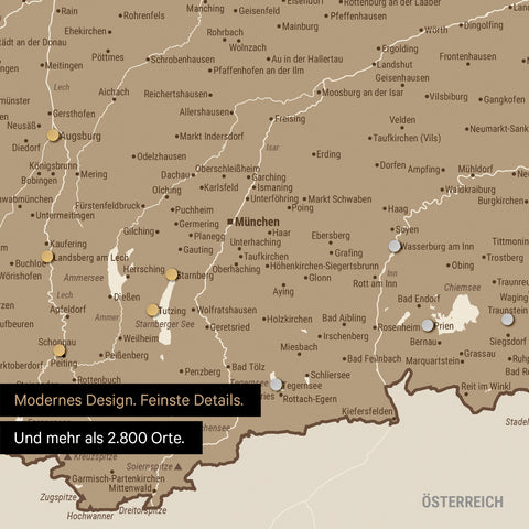 Ausschnitt einer magnetischen Deutschland-Karte in Multicolor Brown zeigt Karte von Bayern, auf der Magnete Reiseziele markieren