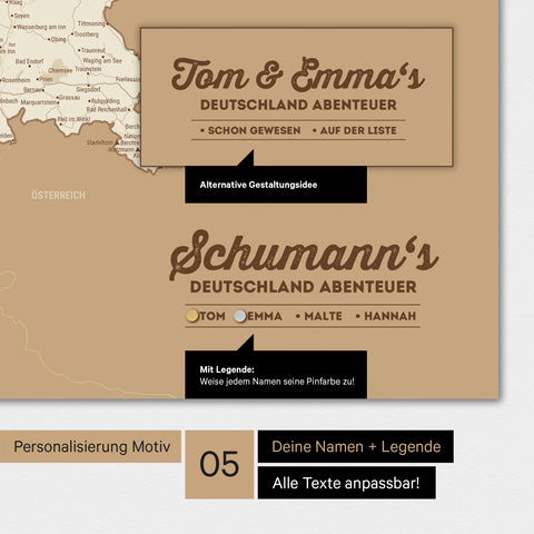 Magnetboard Deutschland-Karte in Treasure Gold mit Personalisierung als Logo mit Familiennamen