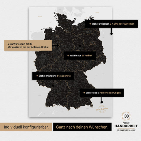 Übersicht über die vielfältigen Konfigurationsmöglichkeiten einer magnetischen Deutschland-Karte als Magnetboard in Light Black, von der Auswahl des Aufhänge-Systems über Farben bis zum Detailgrad