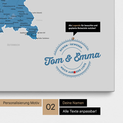 Pinnwand Leinwand einer Deutschlandkarte in Farbe Blau mit personalisiertem Eindruck von Namen und einer Legende zum Markieren