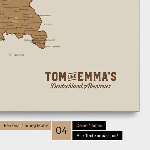 Deutschland-Karte als Pinn-Leinwand in Bronze mit eingedruckten Logo im Vintage-Look