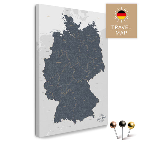 Deutschland-Karte in Denim Blue als Pinnwand Leinwand zum Pinnen und Markieren von Reisezielen kaufen