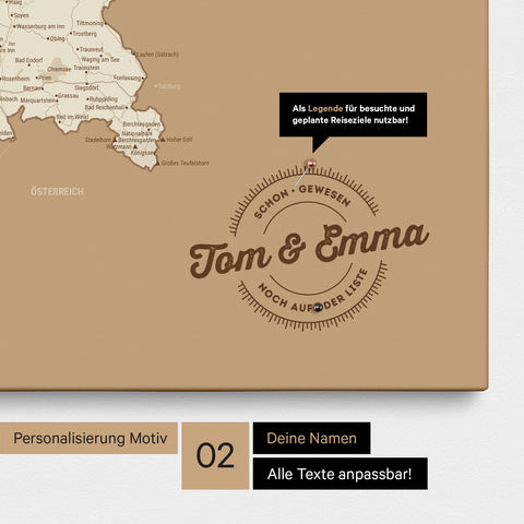 Pinnwand Leinwand einer Deutschlandkarte in Farbe Treasure Gold mit personalisiertem Eindruck von Namen und einer Legende zum Markieren