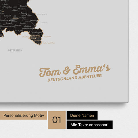 Deutschland-Karte als Pinnwand Leinwand in Light Black (Weiss-Schwarz) mit Personalisierung und Eindruck mit deinem Namen