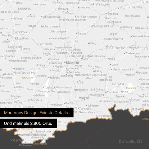 Ausschnitte einer Deutschlandkarte mit Bayern als Poster in Dunkelgrau mit Bergen, Seen und 2.500 Orten