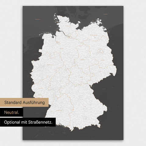 Neutrale und schlichte Standard-Ausführung einer Deutschland-Karte als Poster in Dunkelgrau