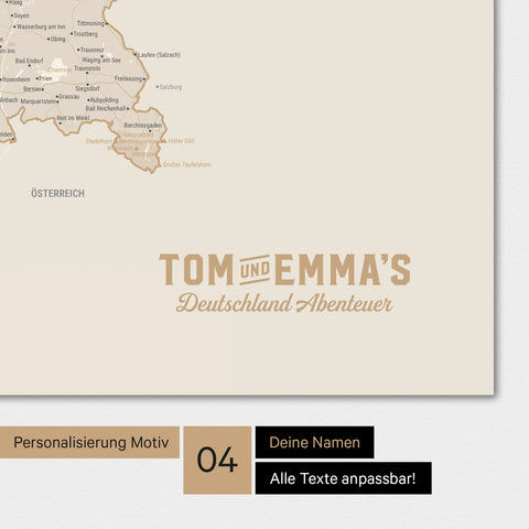Deutschland-Karte als Poster in Gold mit einem Logo im Vintage-Look