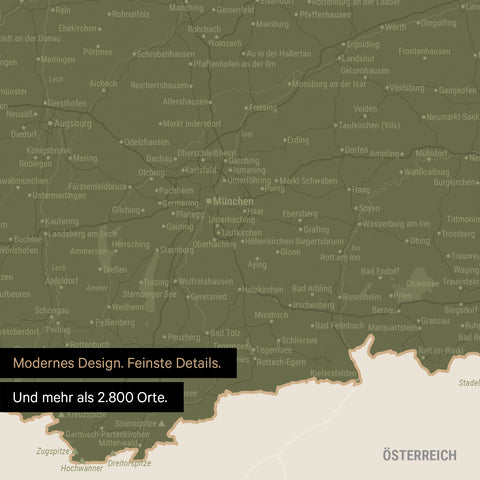 Ausschnitte einer Deutschlandkarte mit Bayern als Poster in Olivgrün mit Bergen, Seen und 2.500 Orten