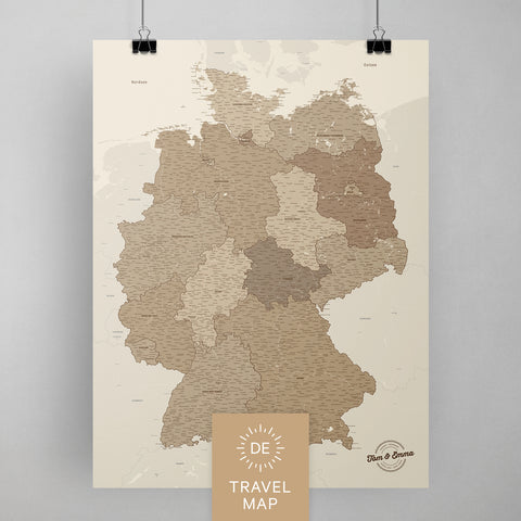 Deutschland-Karte als Poster in Multicolor Brown zum Pinnen und Markieren von Reisezielen kaufen