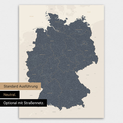 Neutrale und schlichte Standard-Ausführung einer Deutschland-Karte als Poster in Navy Light