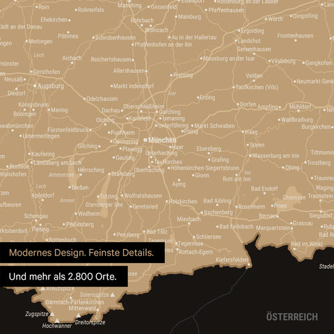 Ausschnitte einer Deutschlandkarte mit Bayern als Poster in Sonar Black mit Bergen, Seen und 2.500 Orten