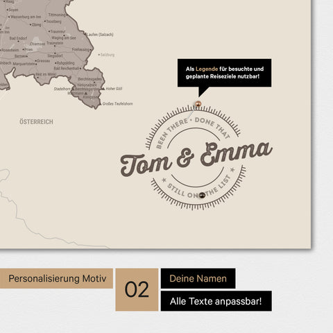 Poster einer Deutschlandkarte in Farbe Warmgray mit personalisiertem Eindruck von Namen und einer Legende zum Markieren