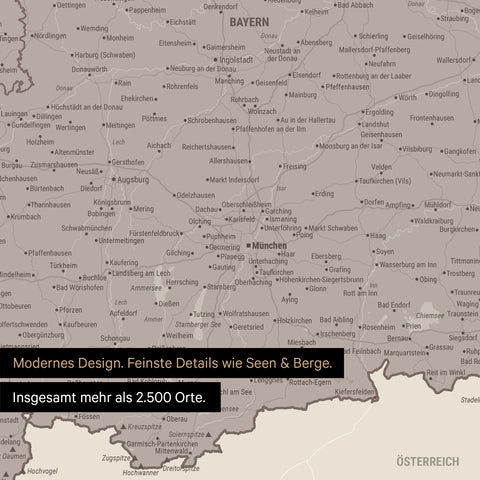 Ausschnitte einer Deutschlandkarte mit Bayern als Poster in Warmgray mit Bergen, Seen und 2.500 Orten