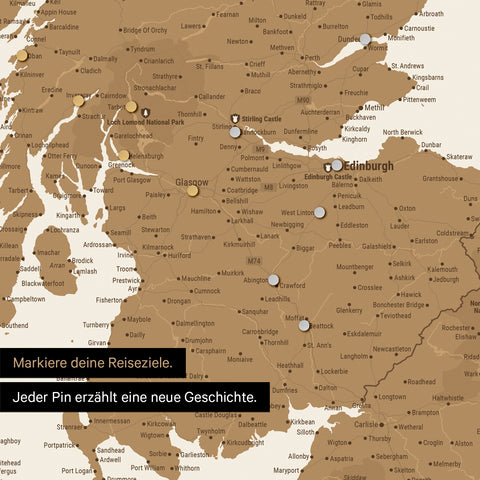 Detail of a magnetic England & Ireland map as a magnetic board, showing Great Britain with a pinned photo and travel and vacation magnets