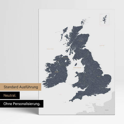Neutral Version of an England & Great Britain map in Denim Blue, without personalization