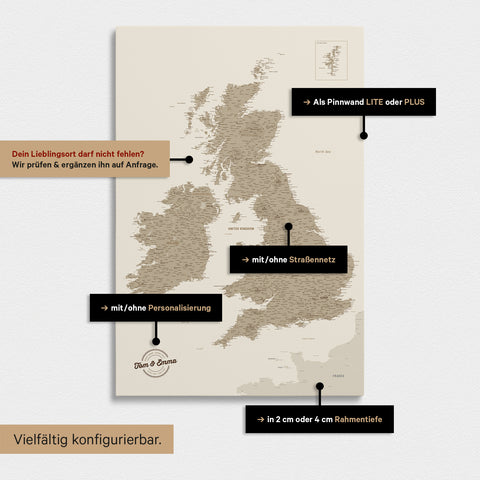 A wide range of configuration options for an England & Great Britain map in Desert Sand