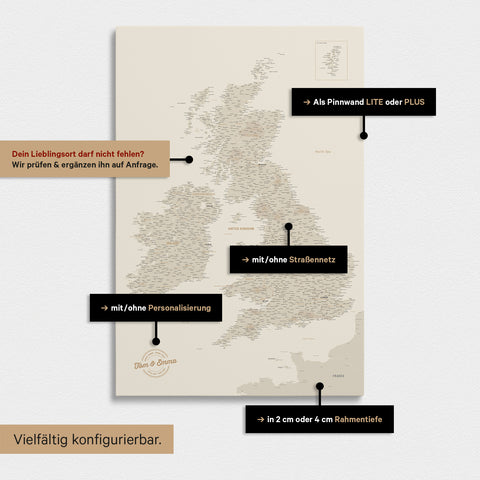 Diverse configuration options for a gold England & Great Britain map