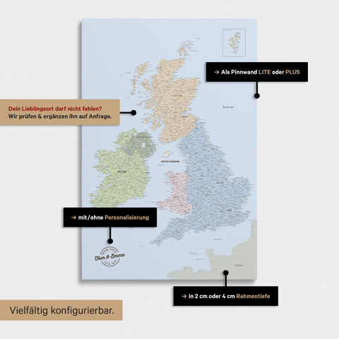 Vielfältige Konfigurationsmöglichkeiten einer politischen England- & Großbritannien-Karte in Multicolor Atlas