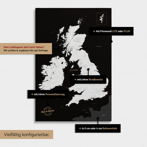 Various configuration options for a black-and-white England & Great Britain map