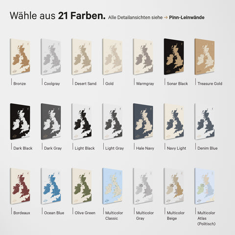 England (Great Britain) & Ireland map TRAVEL® Premium Poster – in 21 colors