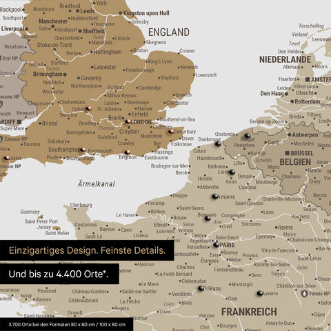 Europe map in multicolor beige as canvas for pinning shows a section of England, France, and Belgium with many details such as national parks, rivers, and numerous small towns and cities, some of which are marked with pins