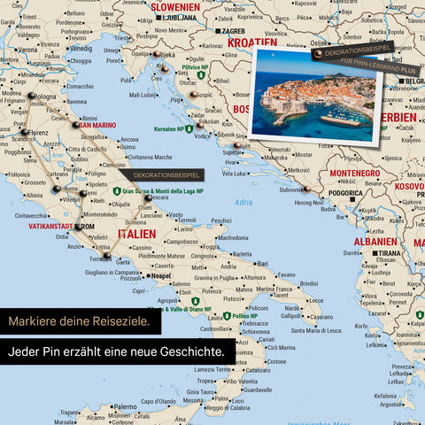 Modern Europe map in the color Multicolor Classic as a Push Pin Map shows a section of Italy, Croatia, and Greece, where already visited travel destinations are marked with pins