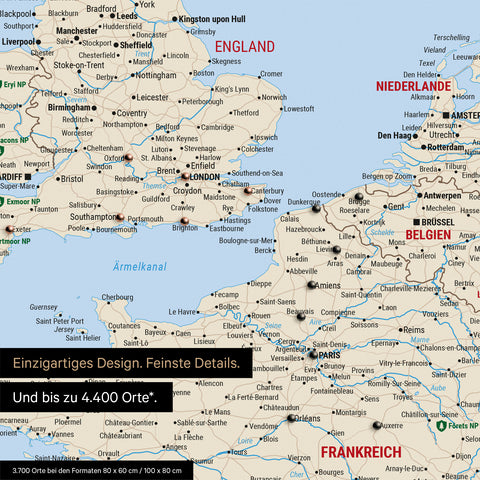 Europe map in multicolor classic as canvas for pinning shows a section of England, France, and Belgium with many details such as national parks, rivers, and numerous small towns and cities, some of which are marked with pins