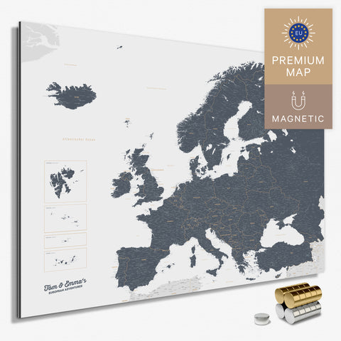 Magnetische Europakarte in der Farbe Denim Blue in einem modernen, minimalistischem Design als Magnetboard zum Pinnen und Markieren von Reisezielen kaufen
