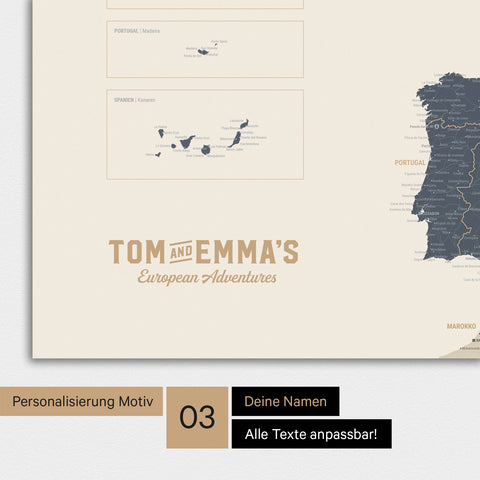 Magnetboard Europakarte in Navy Light mit Personalisierung im Vintage-Stil