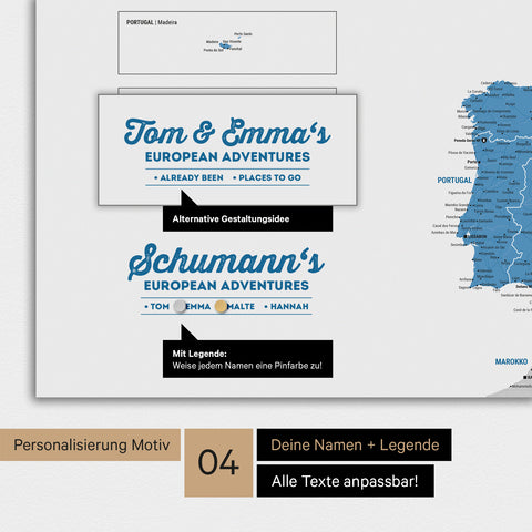 Europakarte als Magnet-Poster in Blau mit Personalisierung als Logo mit Familiennamen und Legende