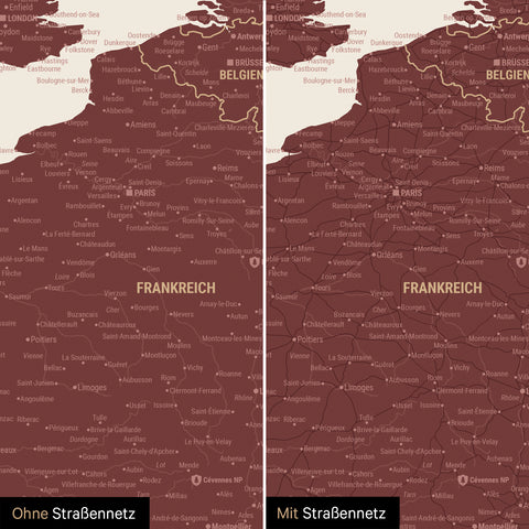 Europe Map TRAVEL® Magnetic Poster – Bordeaux Red