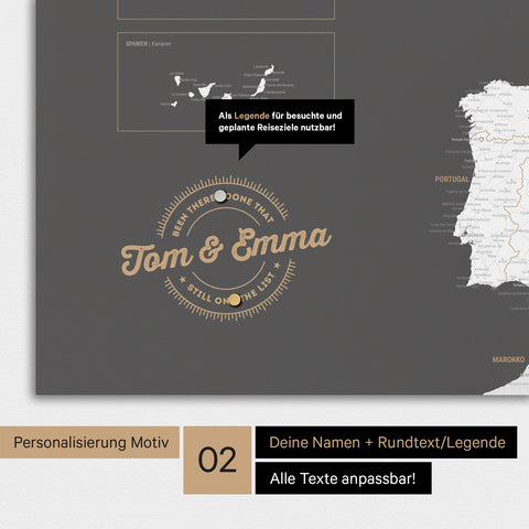 Personalisierte Europakarte als Magnet-Poster in Dunkelgrau mit rundem Logo, das eine Legende für bereits besuchte Reiseziele beinhaltet
