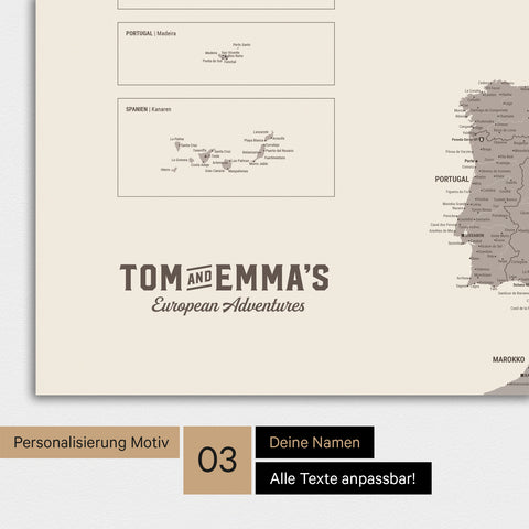 Magnet-Poster Europakarte in Warmgray (Braun-Grau) mit Personalisierung im Vintage-Stil