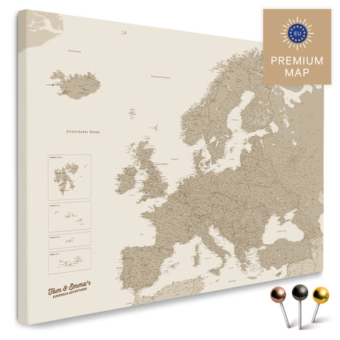 Europe map in the color Desert Sand in a modern, minimalist design as a canvas for pinning trips and places