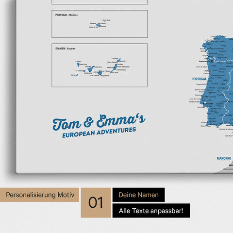 Map of Europe as a pinboard canvas in blue with personalization and name in a modern script font