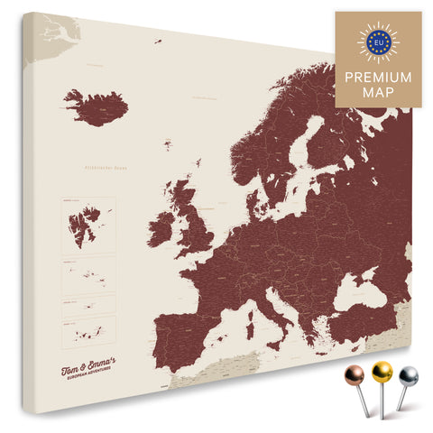 Modern Europe map in the color Bordeaux red as a Push Pin Map shows a section of Italy, Croatia, and Greece, where already visited travel destinations are marked with pins