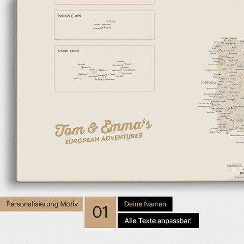 Map of Europe as a pinboard canvas in gold with personalization and name in a modern script font