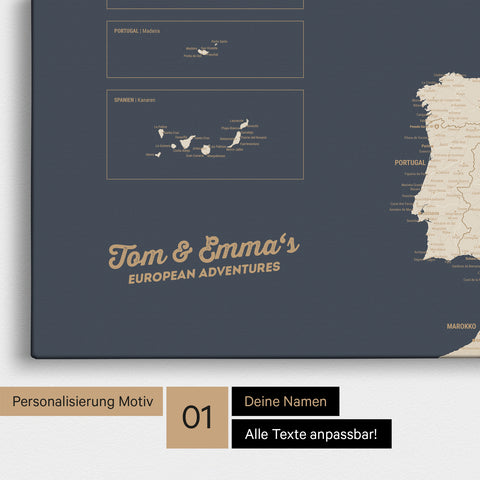 Map of Europe as a pinboard canvas in Hale Navy (blue-gold) with personalization and name in a modern script font