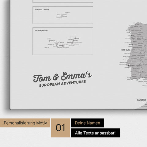 Map of Europe as a pinboard canvas in light gray with personalization and name in a modern script font