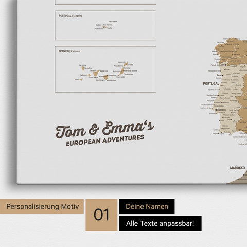 Map of Europe as a pinboard canvas in multicolor beige with personalization and name in a modern script font