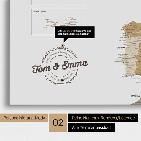 Europe map Push Pin Map in multicolor beige with personalization as a round logo that includes a legend for already visited travel destinations in circular text