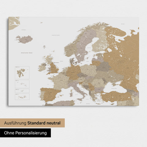 Neutral standard Version of the detailed Europe map as a pinboard canvas in multicolor beige without personalization